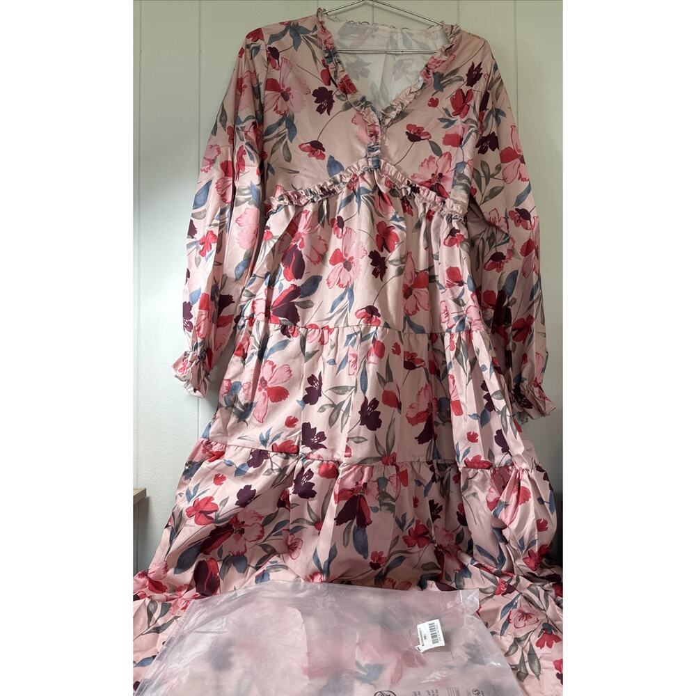 Maxi Dress Floral Print V Neck Ruffle Tiered Skirt Long Sleeve Women's Large AA2